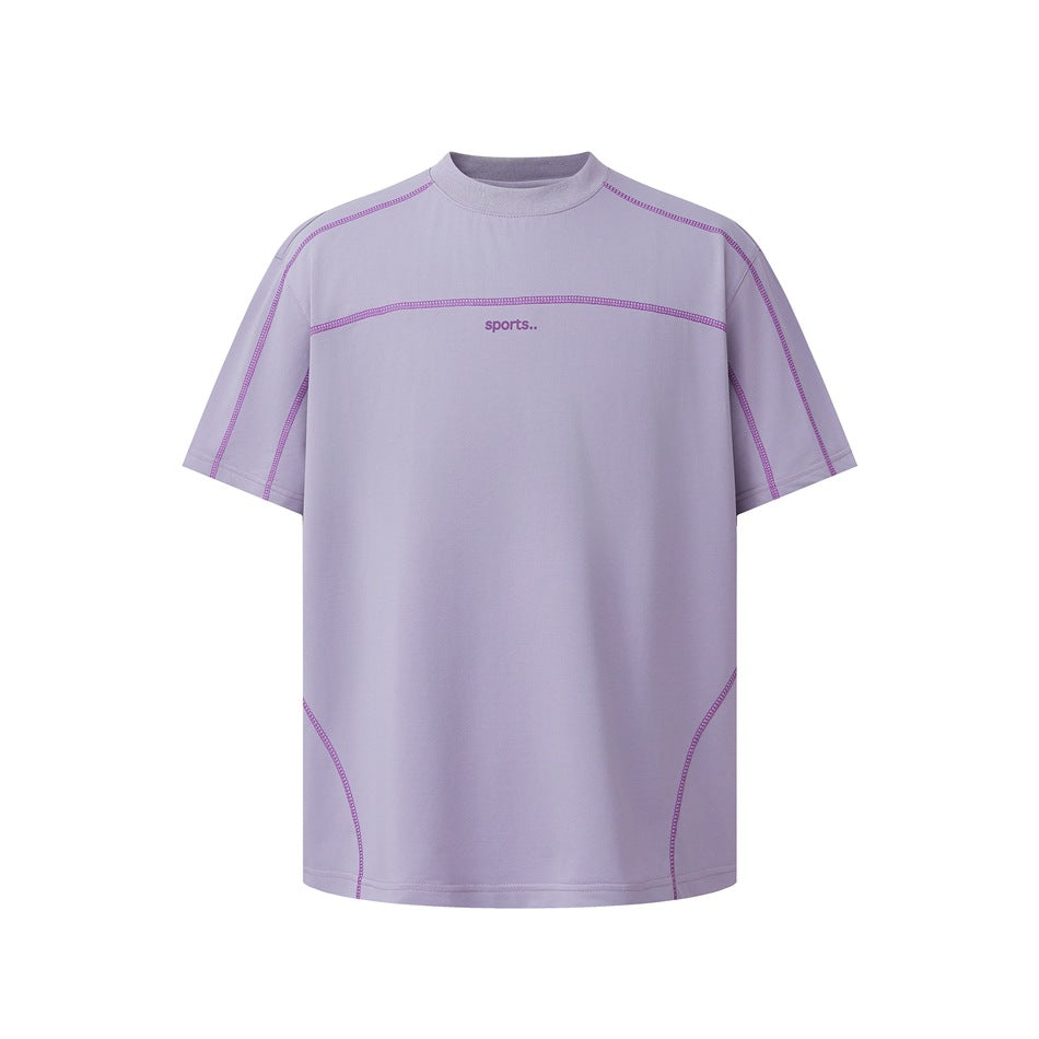 Lavender purple short-sleeve T-shirt with violet contrast topstitching and small sports.. chest print