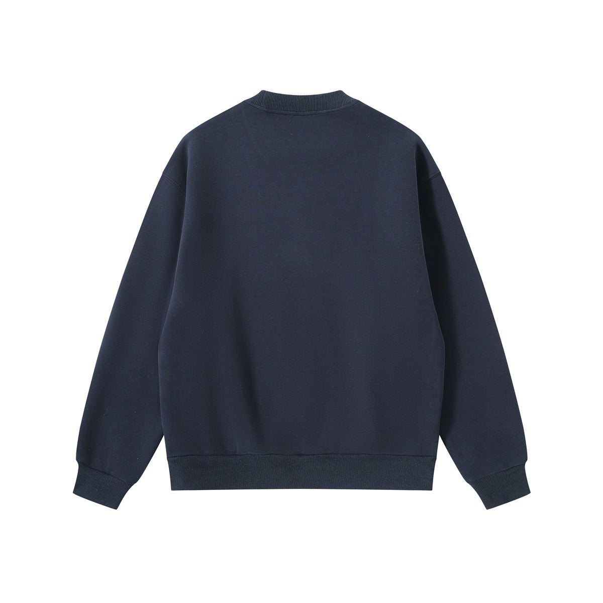 Back view of a plain navy crewneck sweatshirt with long sleeves and ribbed collar, cuffs, and hem.