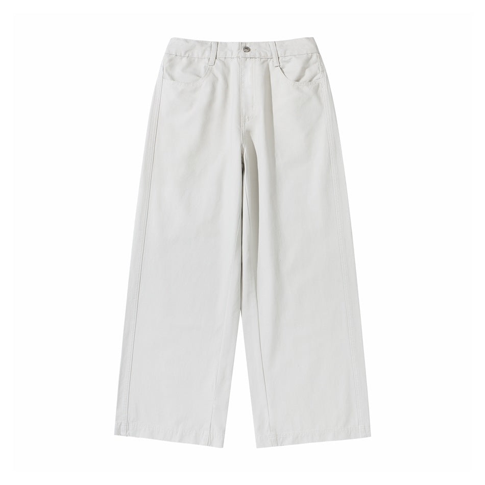 Off-white wide-leg pants flat lay, front view, with button fly, belt loops and front pockets