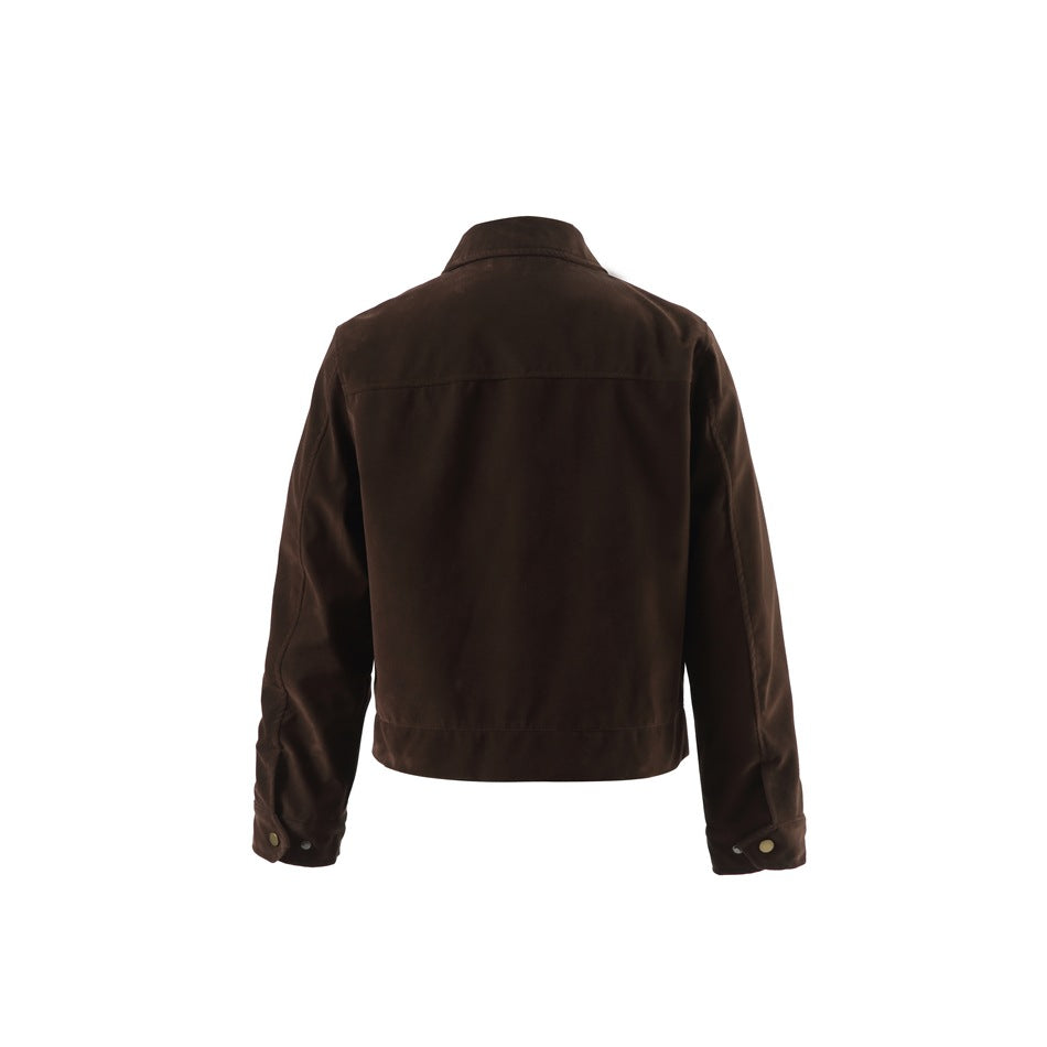 Back view of dark brown collared jacket with yoke seam and gold-tone snap cuffs