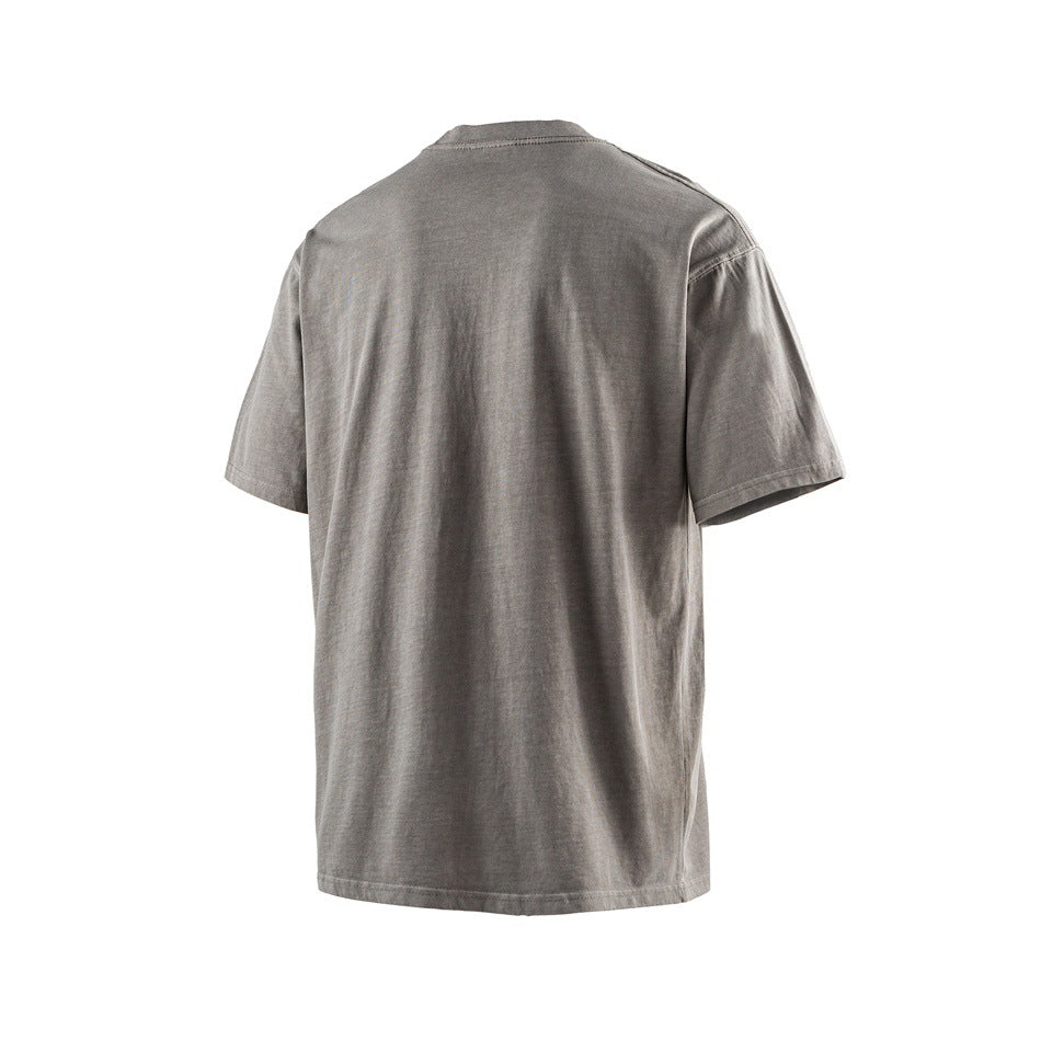 Plain gray short-sleeve crew-neck T-shirt shown from the back against a white background.