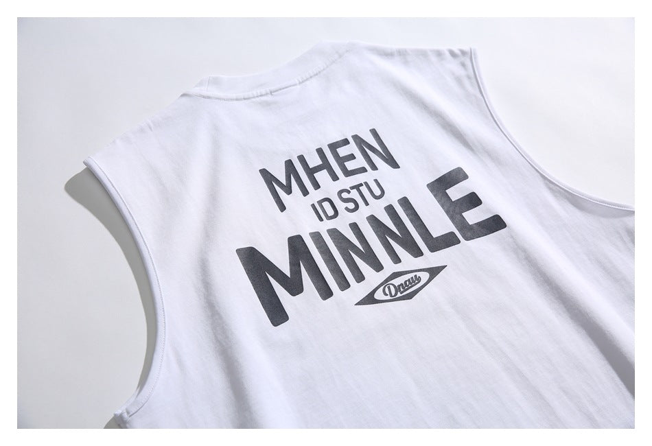 Back of a white sleeveless shirt with a large dark typographic graphic.