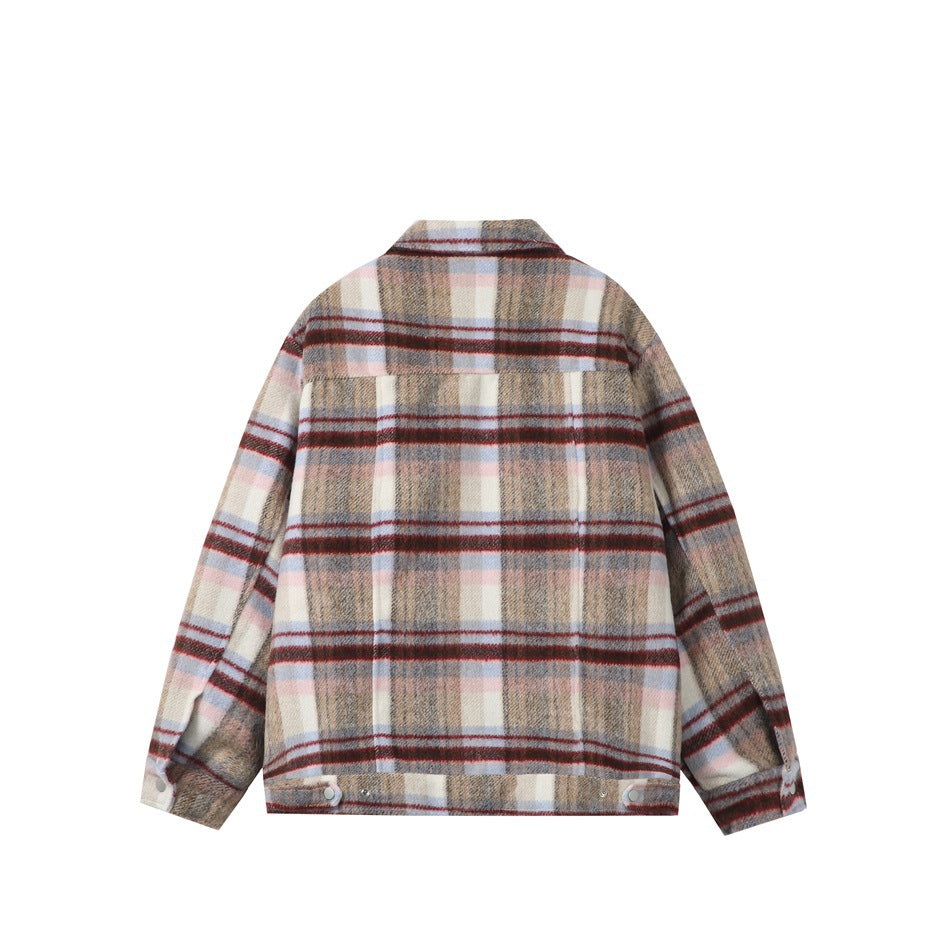 Back view of a beige, gray, pink, and burgundy plaid jacket with a yoke seam and adjustable buttoned cuffs and hem.