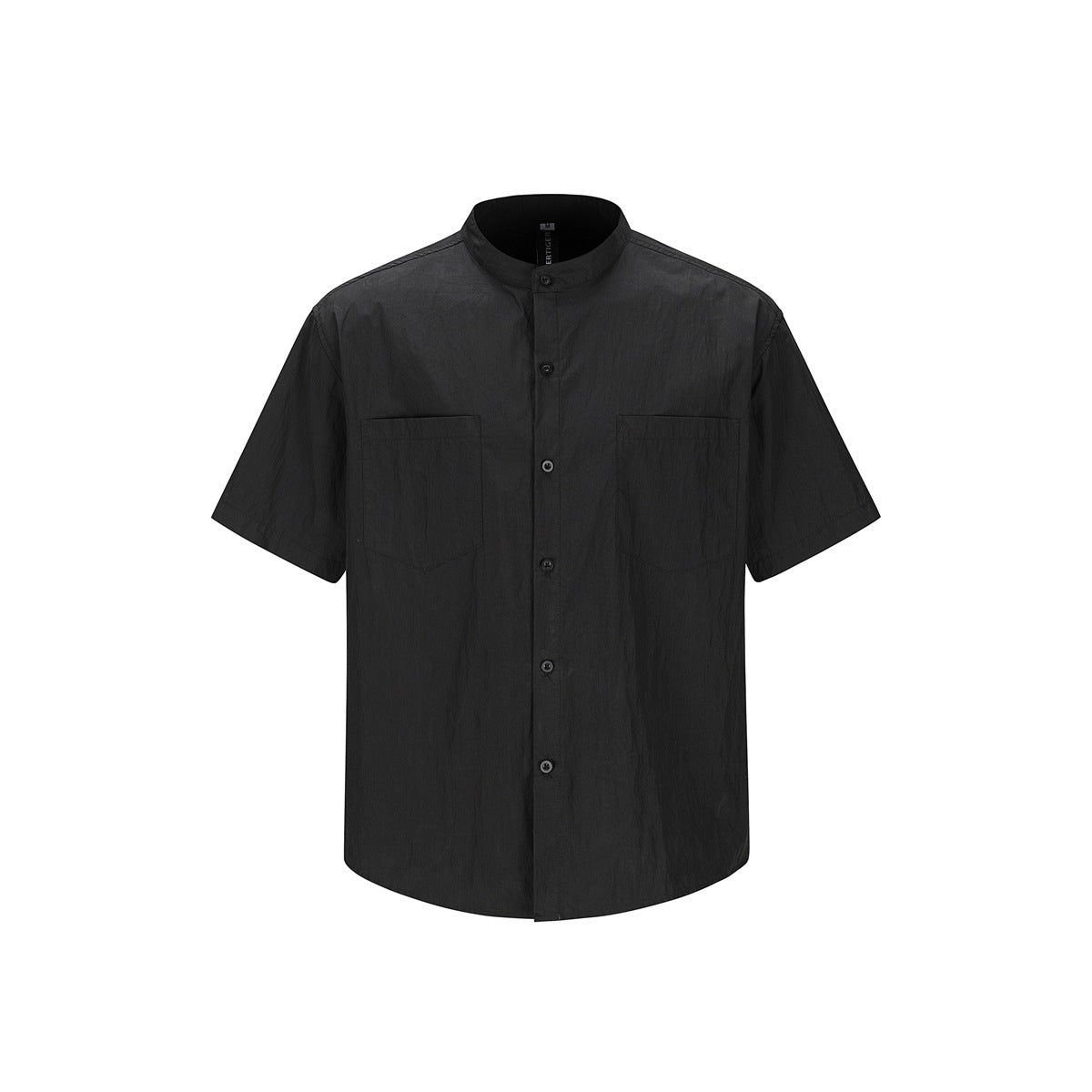 Black short-sleeve stand-collar button-up shirt with two chest patch pockets, flat front view