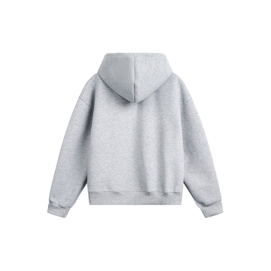 Back view of a plain light gray hoodie with a hood, long sleeves, and ribbed hem and cuffs.