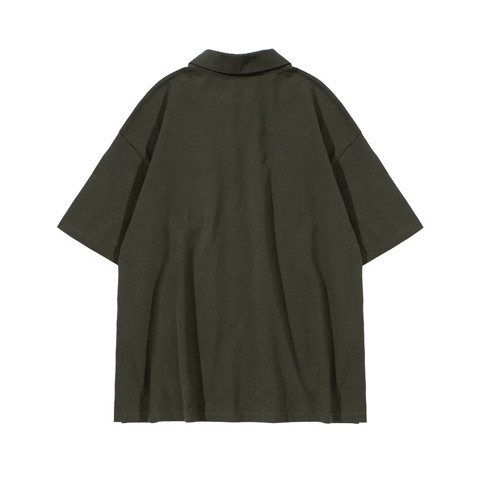 Back view of a dark olive short-sleeve polo shirt with a folded collar.