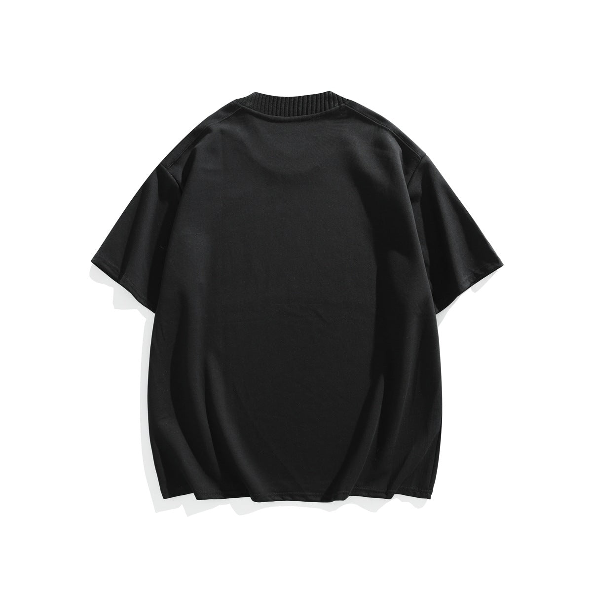 Back view of black short-sleeve crew-neck T-shirt with ribbed collar, flat lay on white background