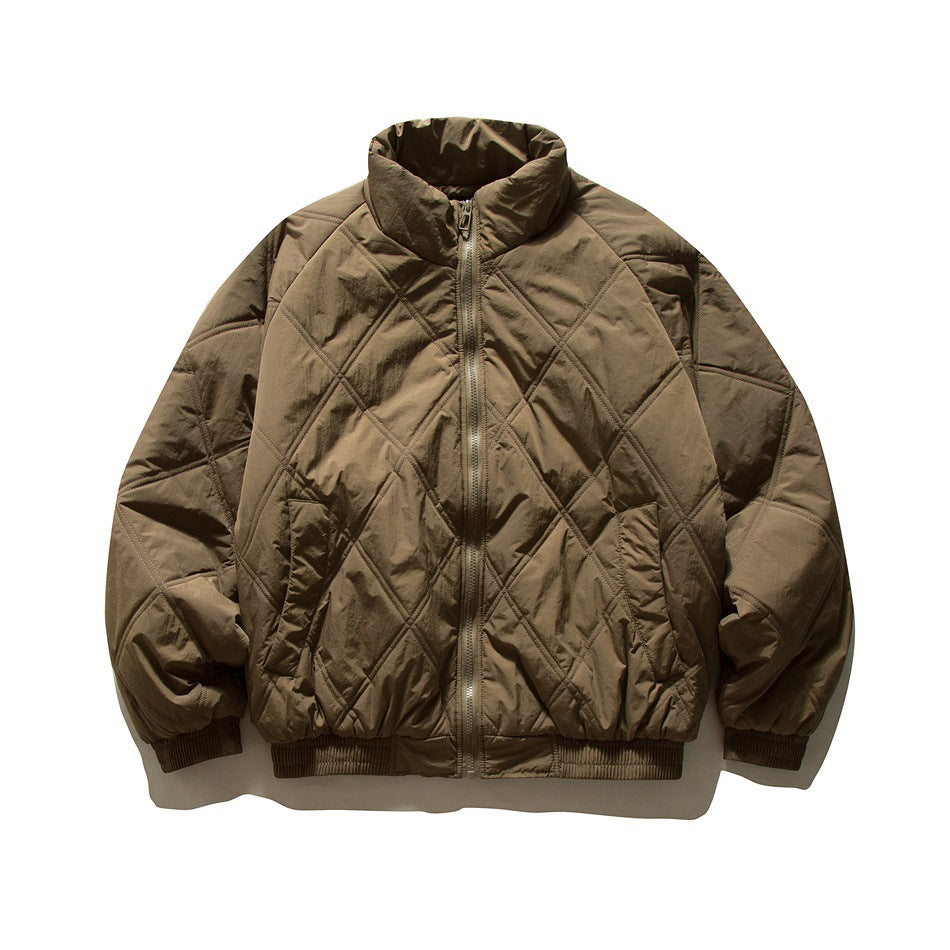 Coffee brown diamond-quilted stand-collar zip jacket with front pockets and ribbed cuffs and hem, flat front view