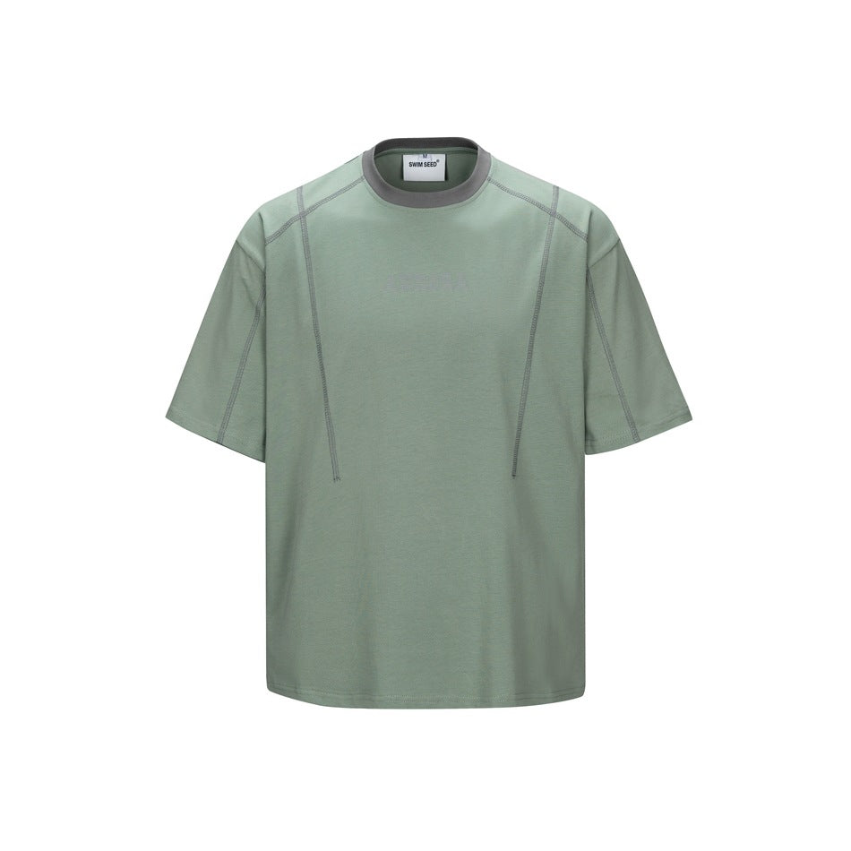 Green short-sleeve crew-neck T-shirt with gray collar and contrast gray topstitched seams, front view