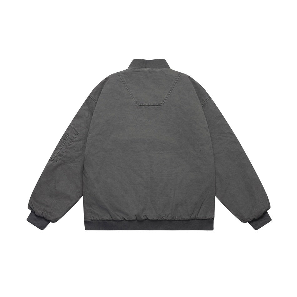 Back view of a charcoal gray bomber jacket with ribbed collar, cuffs, and hem.