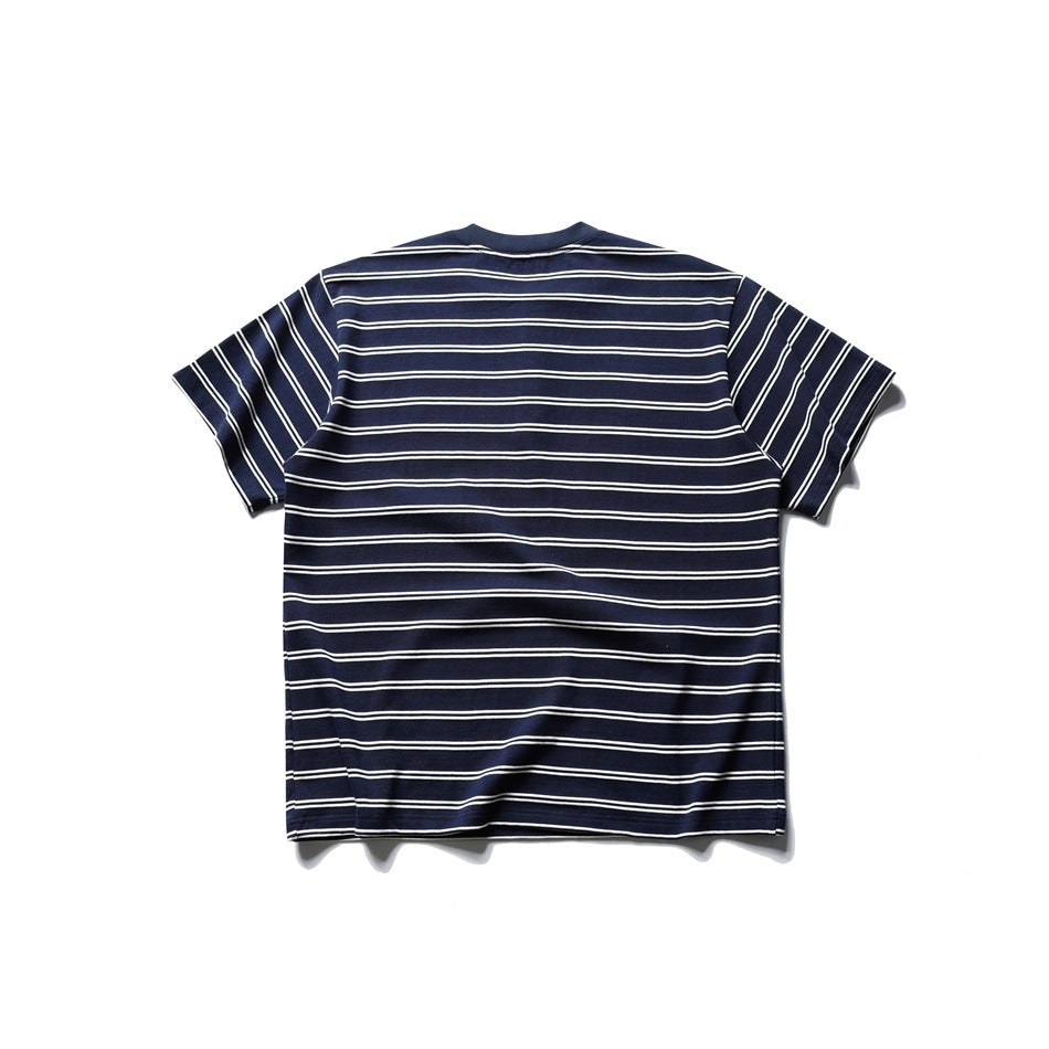 Back view of navy striped short-sleeve T-shirt with white double stripes and ribbed crew collar