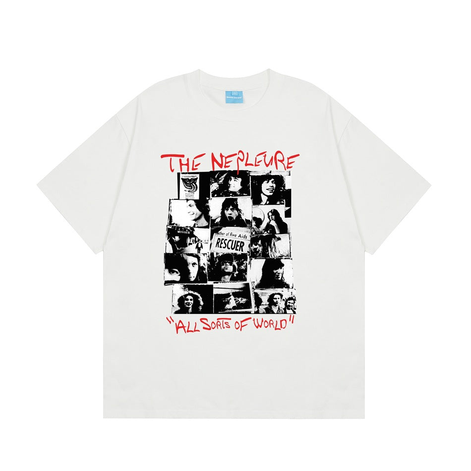 White short-sleeve crew-neck T-shirt with black-and-white photo collage print and red lettering, flat front view