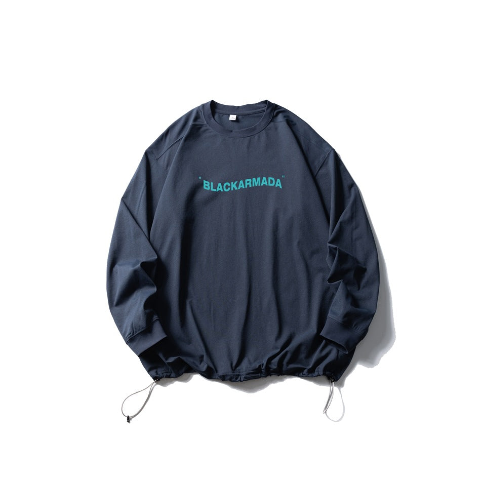 Navy blue long-sleeve crew-neck top with teal chest text print and drawstring hem, flat lay
