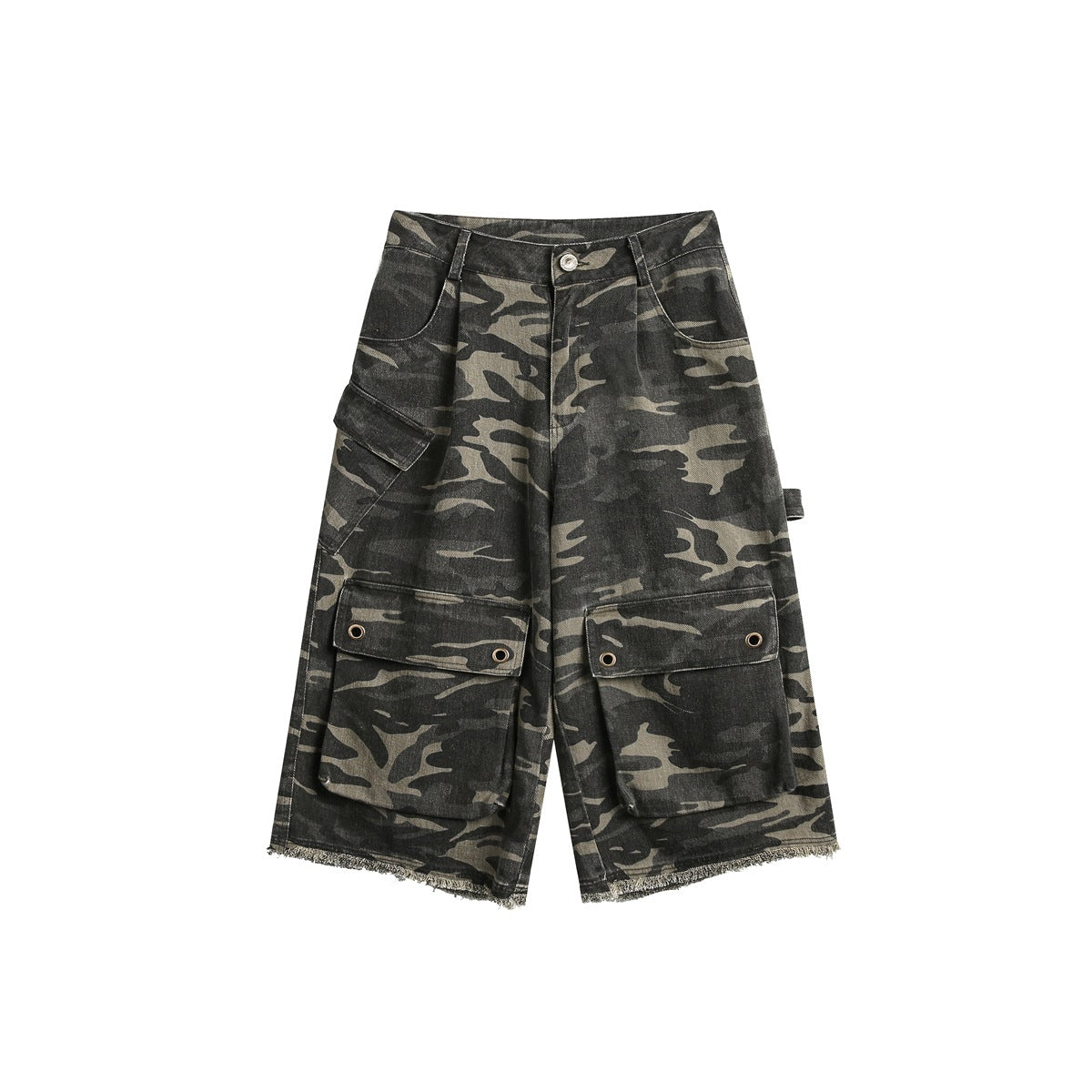 Front of washed camouflage knee-length cargo shorts with flap pockets, grommets and frayed hem