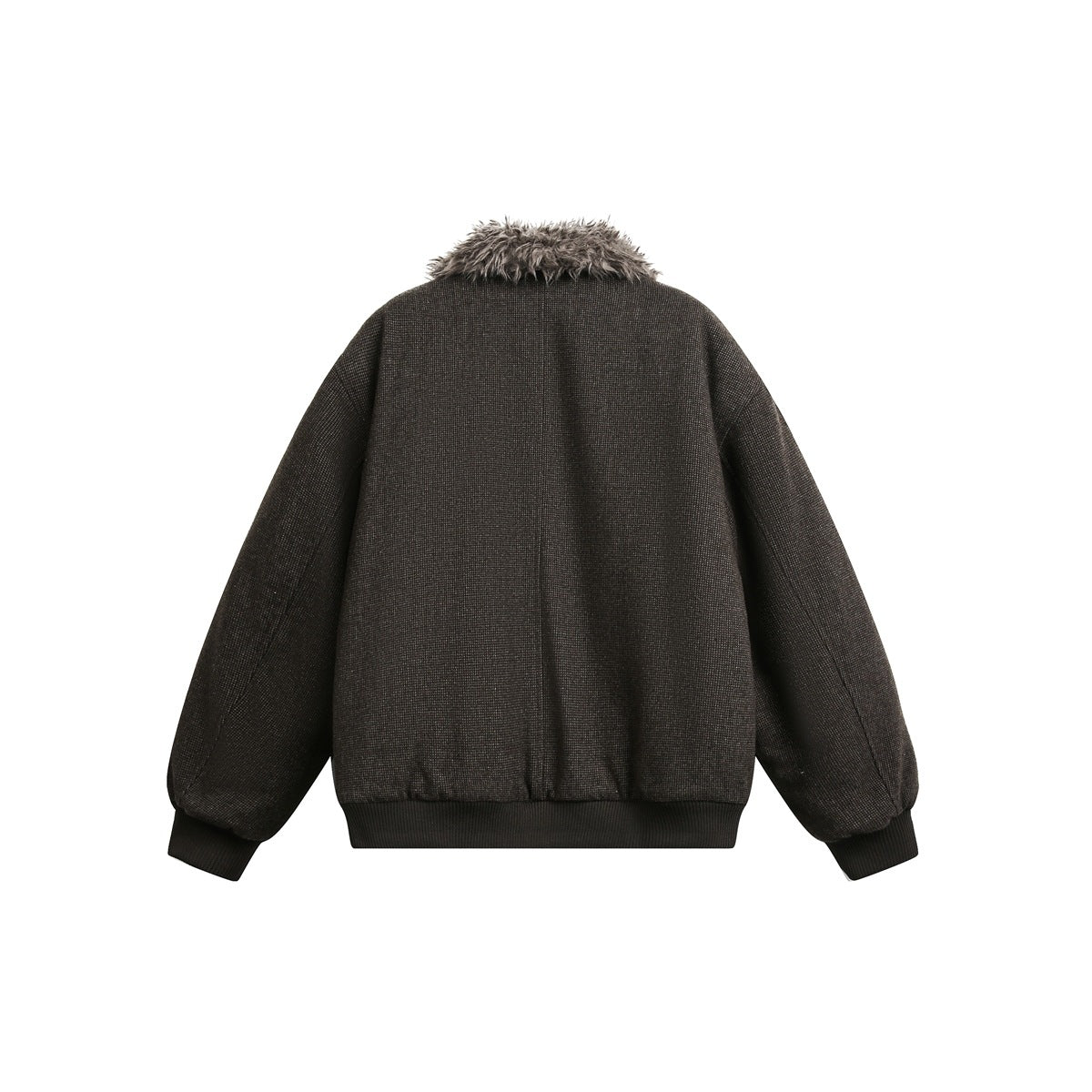 Back view of a dark brown textured jacket with a faux-fur collar and dark ribbed cuffs and hem.