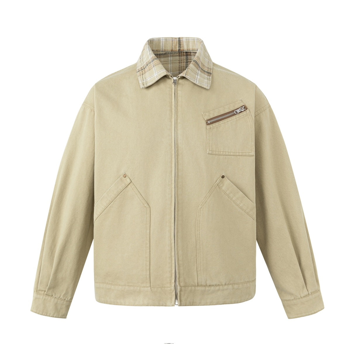 Khaki zip-front jacket with plaid collar, zippered chest pocket and two angular front pockets, flat front view