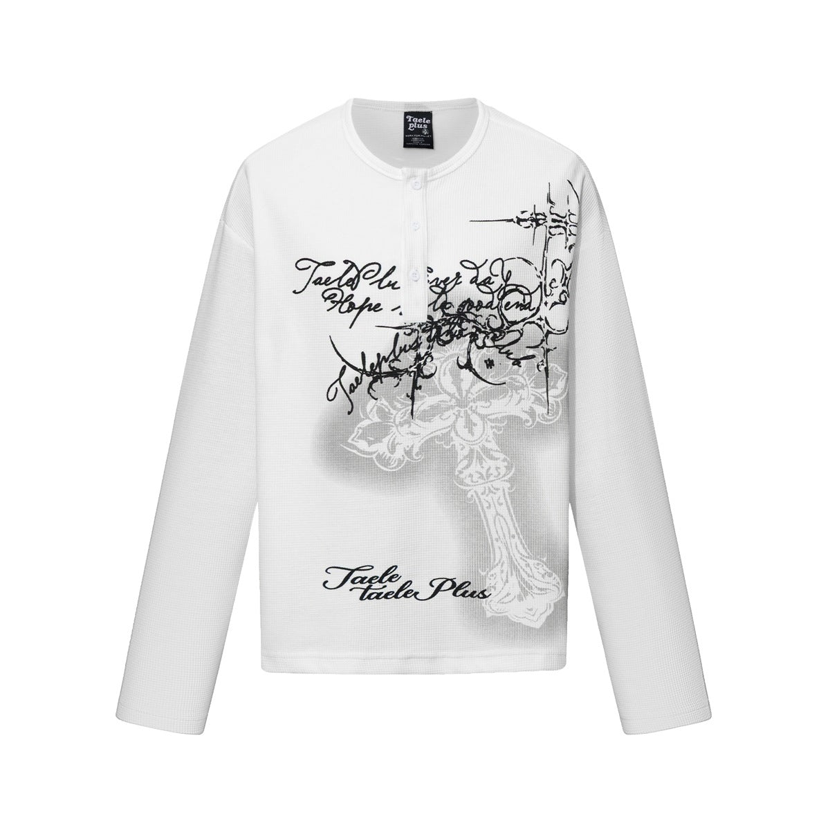 White long-sleeve waffle-knit Henley top with black script and cross graphic, flat front view