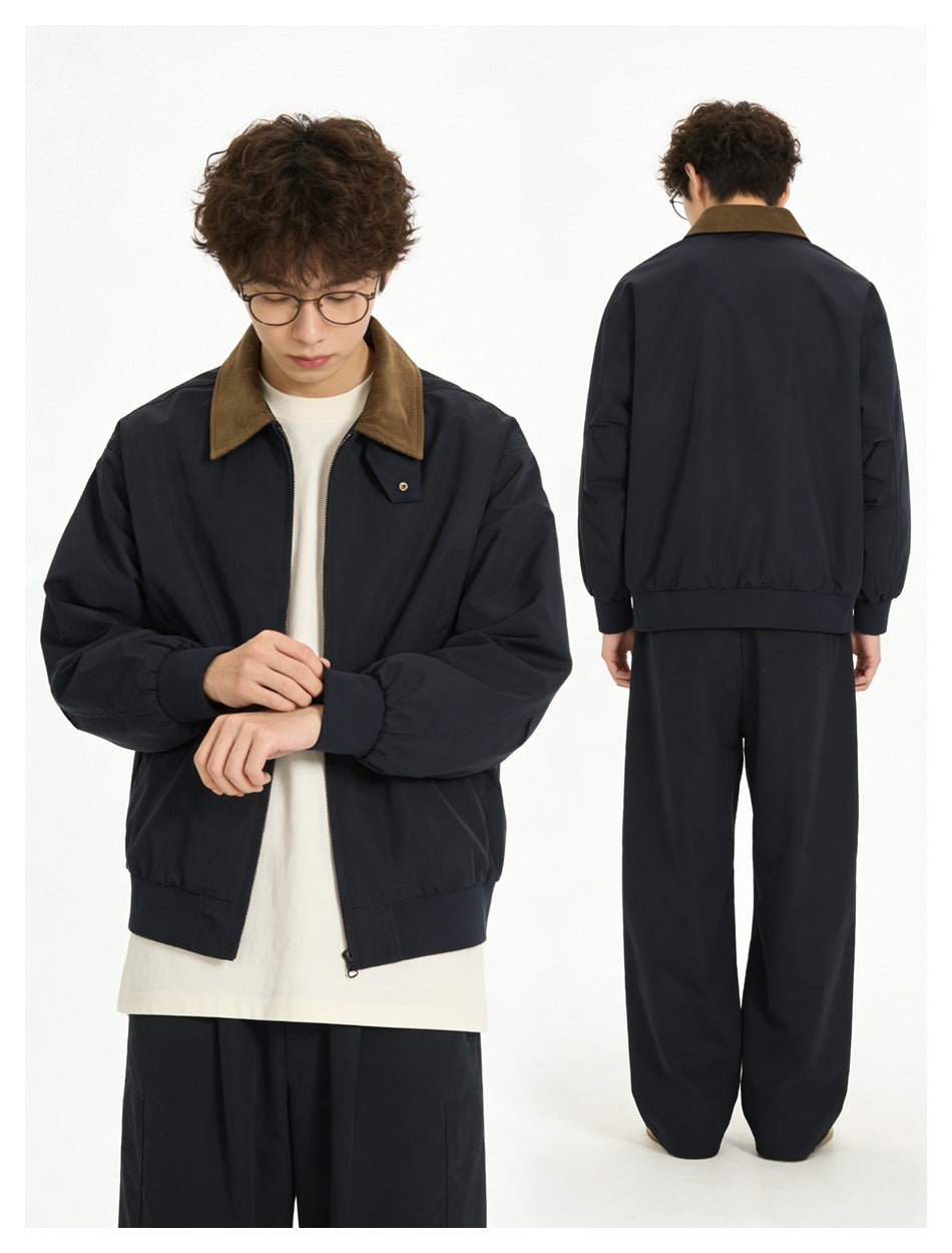 Collage showing a model wearing the navy jacket with brown collar from the front and back.