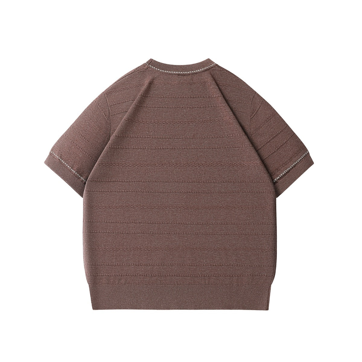 Back view of a muted brown short-sleeve knit top with horizontal stitched bands and ribbed trim.