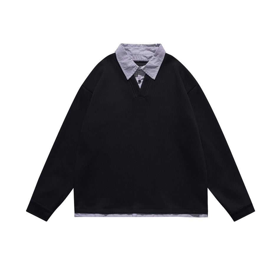 Black pullover sweatshirt with gray striped shirt collar, V-placket with button and striped layered hem, flat lay