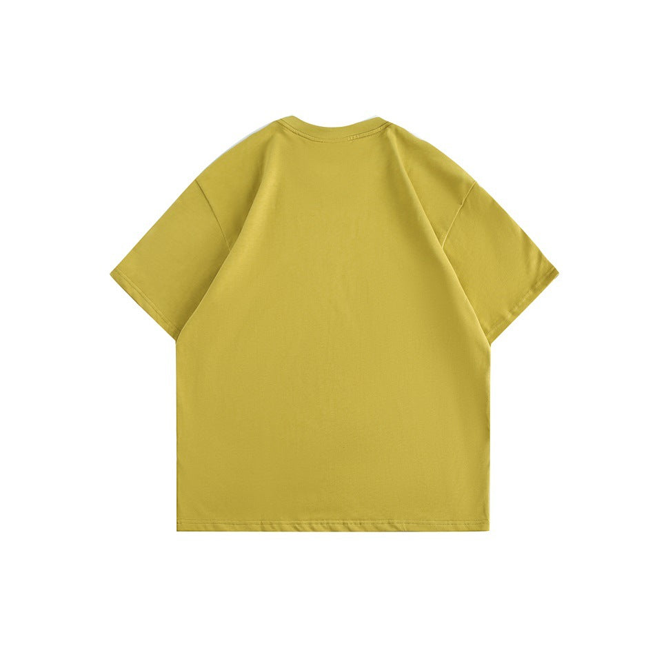 Back view of a plain mustard-yellow short-sleeve T-shirt on a white background.