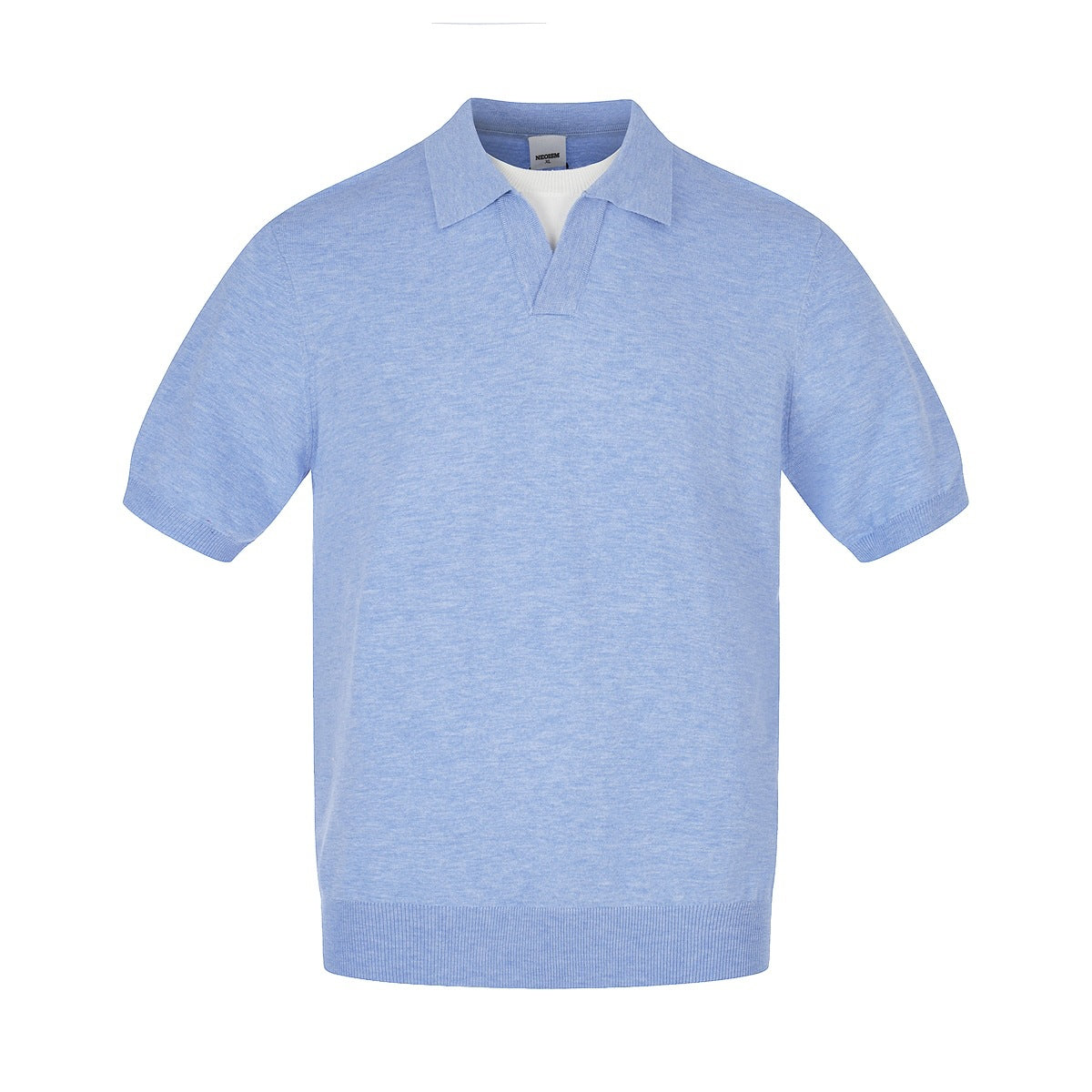Front view of a light blue short-sleeve knit polo with a pointed collar and open placket.