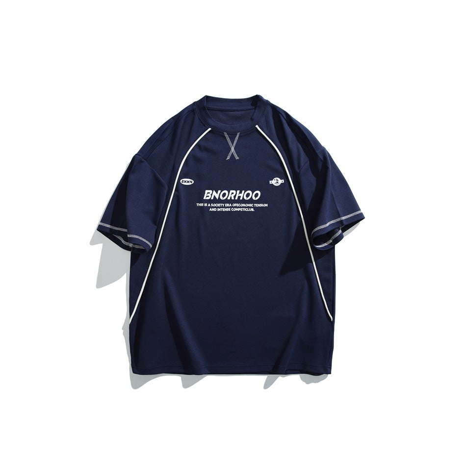 Dark blue short-sleeve crew-neck T-shirt with white piping, contrast stitching and white chest print, flat view