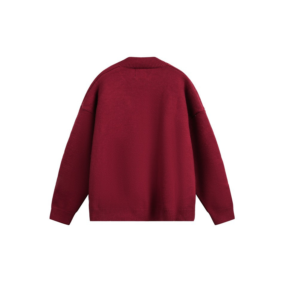 Back view of a dark red knit cardigan with a ribbed collar, cuffs, and hem.