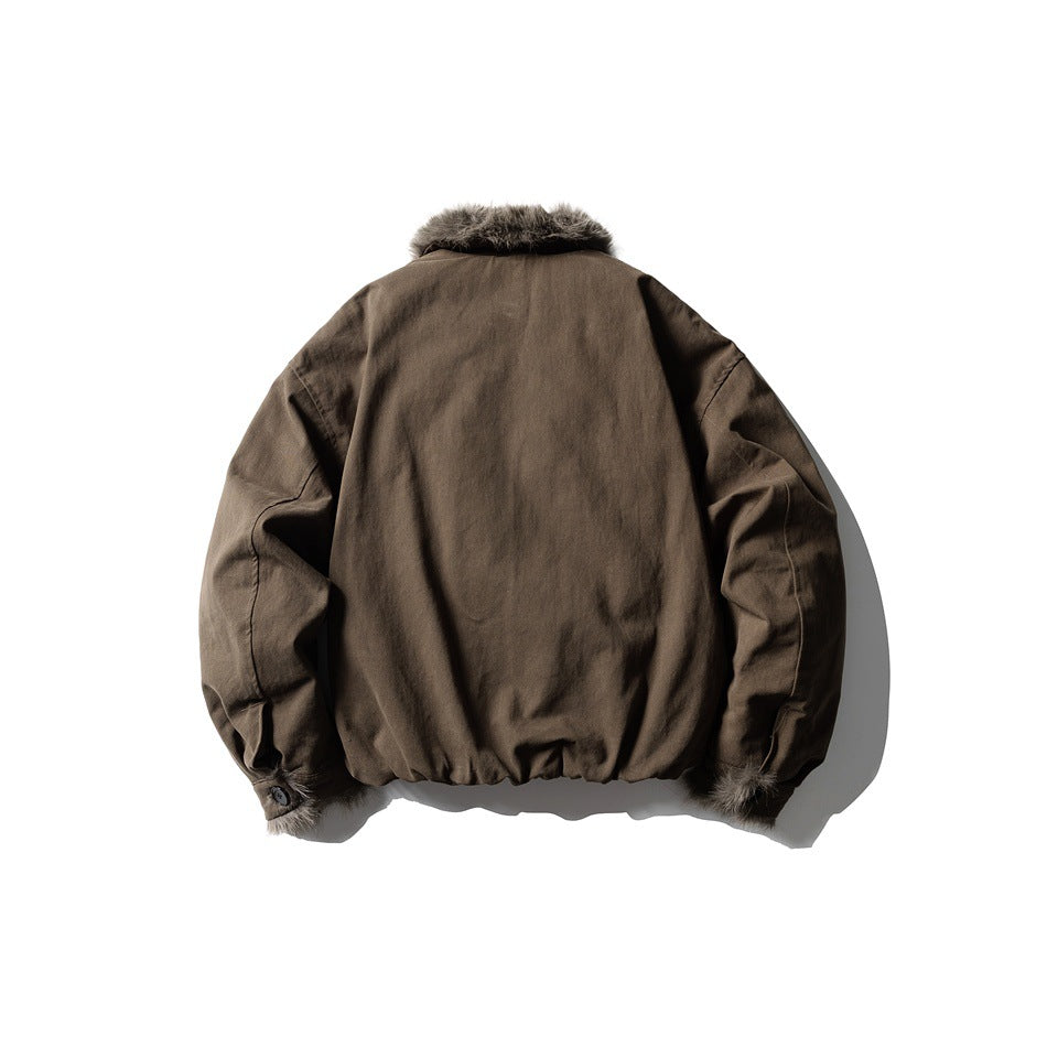 Back view of a dark brown jacket with a fur-trimmed collar and gathered hem.