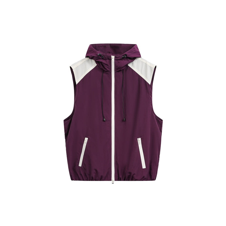 Purple sleeveless hooded zip vest with off-white shoulder panels, white zipper trim and drawcords, front view