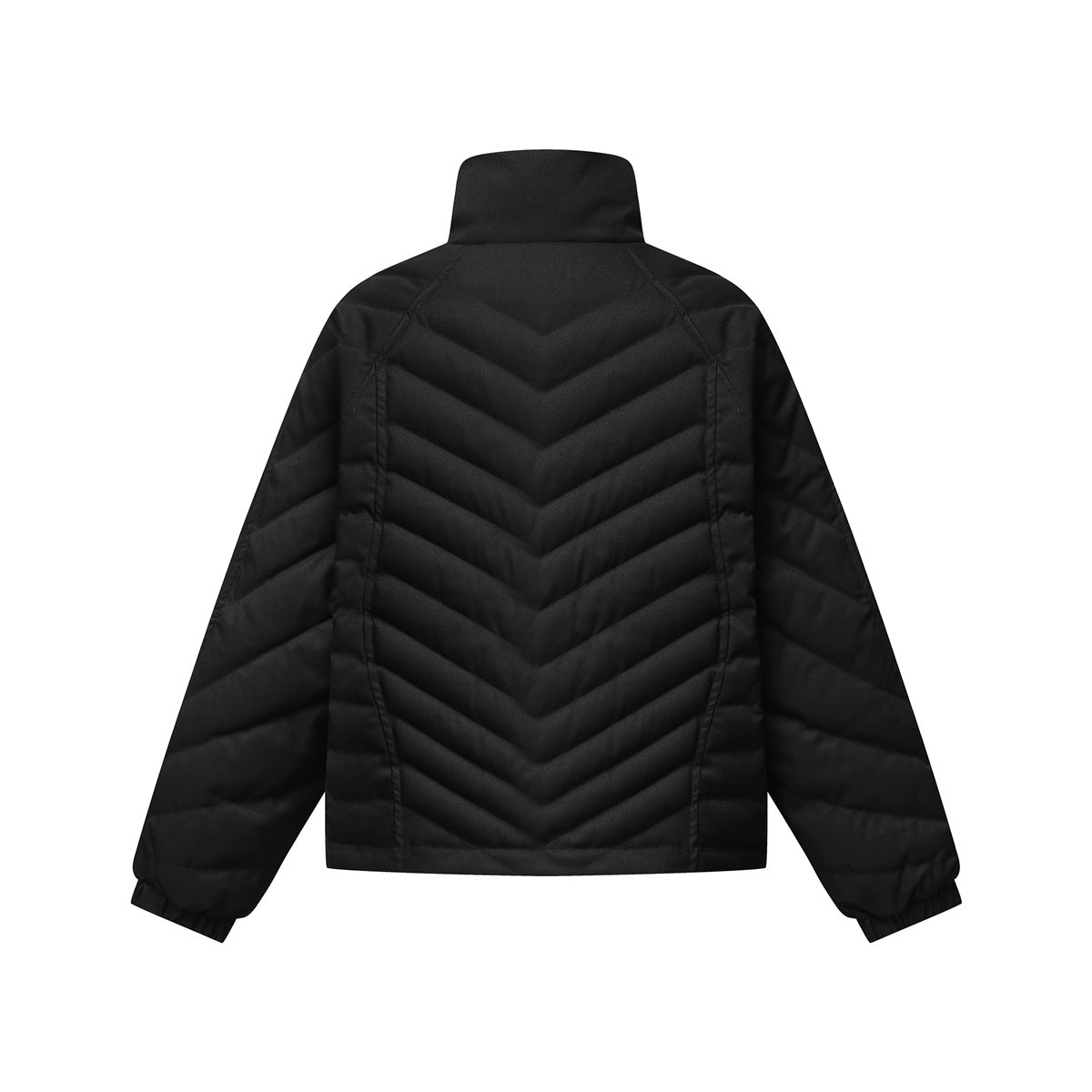 Back view of a black jacket with a stand collar and chevron-quilted panels.