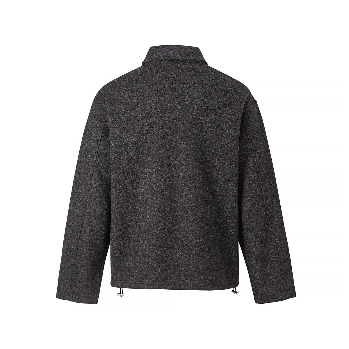 Back view of a charcoal gray heathered long-sleeved collared pullover with adjustable hem cords.