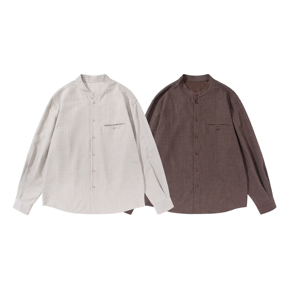 Two long-sleeved checked shirts with stand collars and chest pockets, shown in light beige and dark brown.