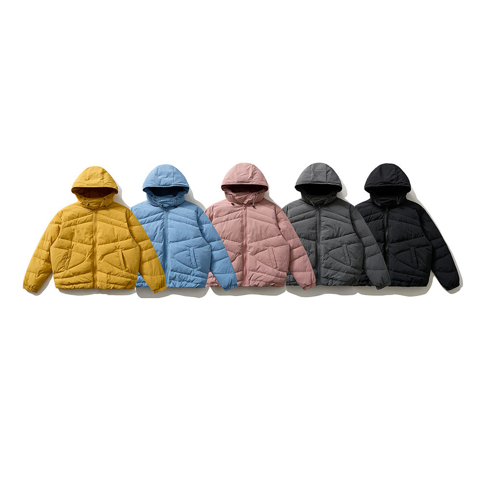 Five hooded quilted jackets shown from the front in mustard yellow, light blue, dusty pink, charcoal gray, and black.