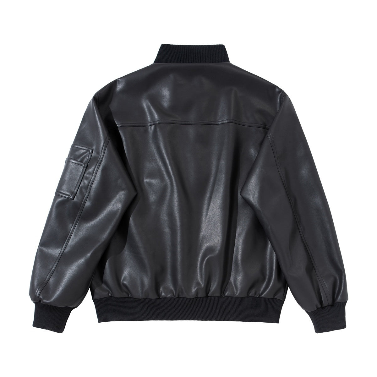 Back view of a black jacket with a ribbed collar, cuffs, and hem and a sleeve pocket.