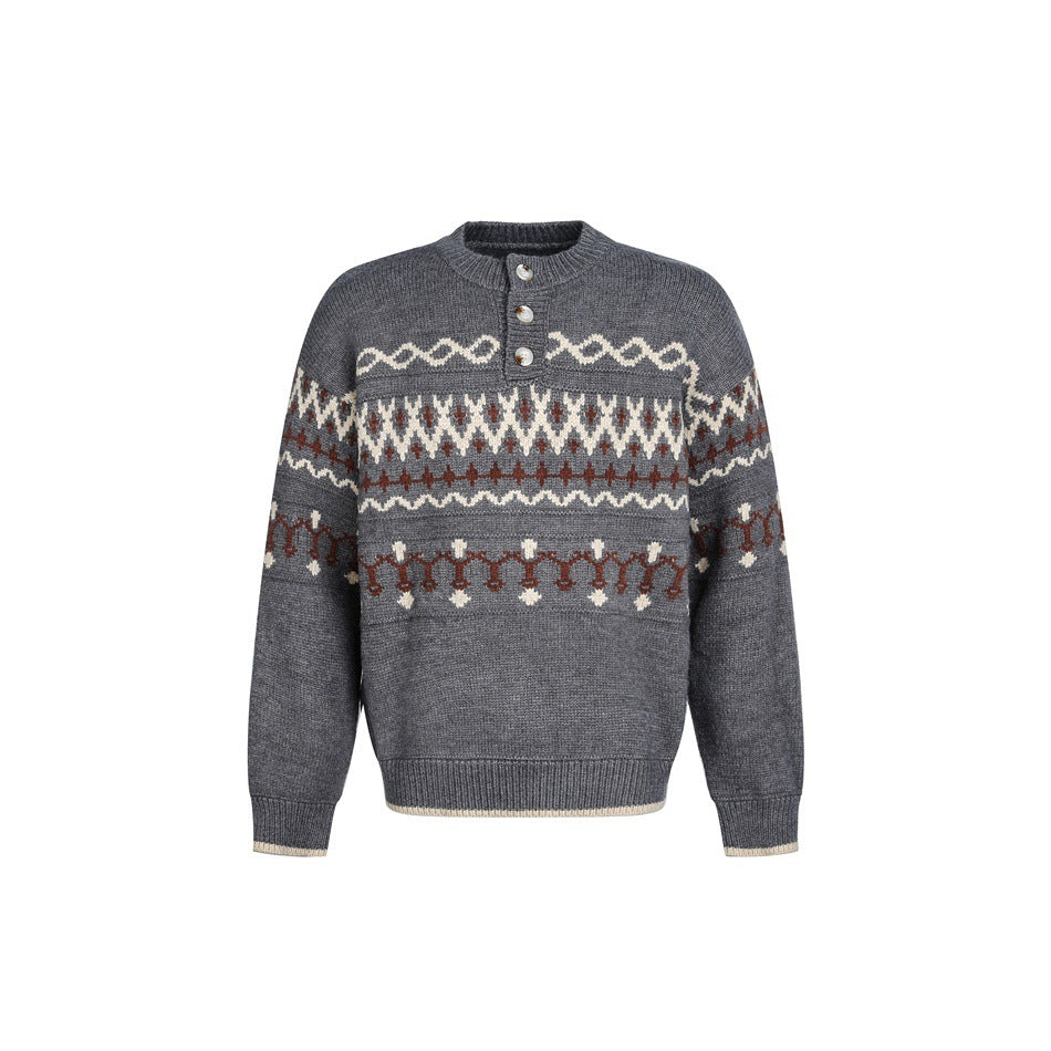 Gray knit sweater with button neckline and cream and rust-red geometric jacquard bands, front view