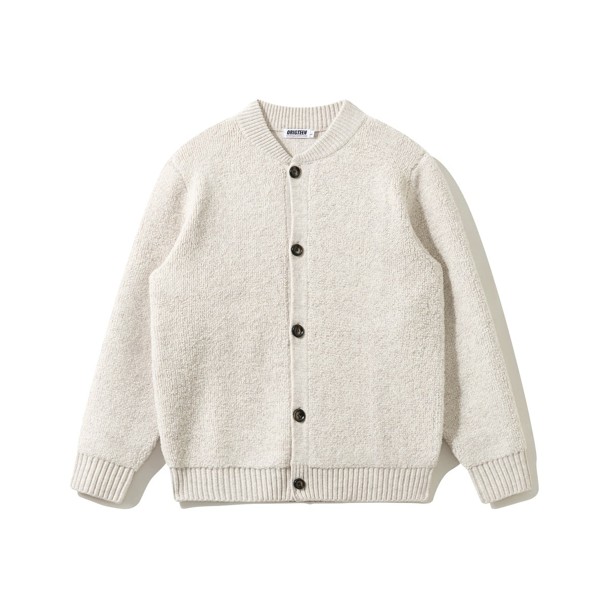 Beige textured knit button-front cardigan with ribbed stand collar, cuffs and hem, flat front view
