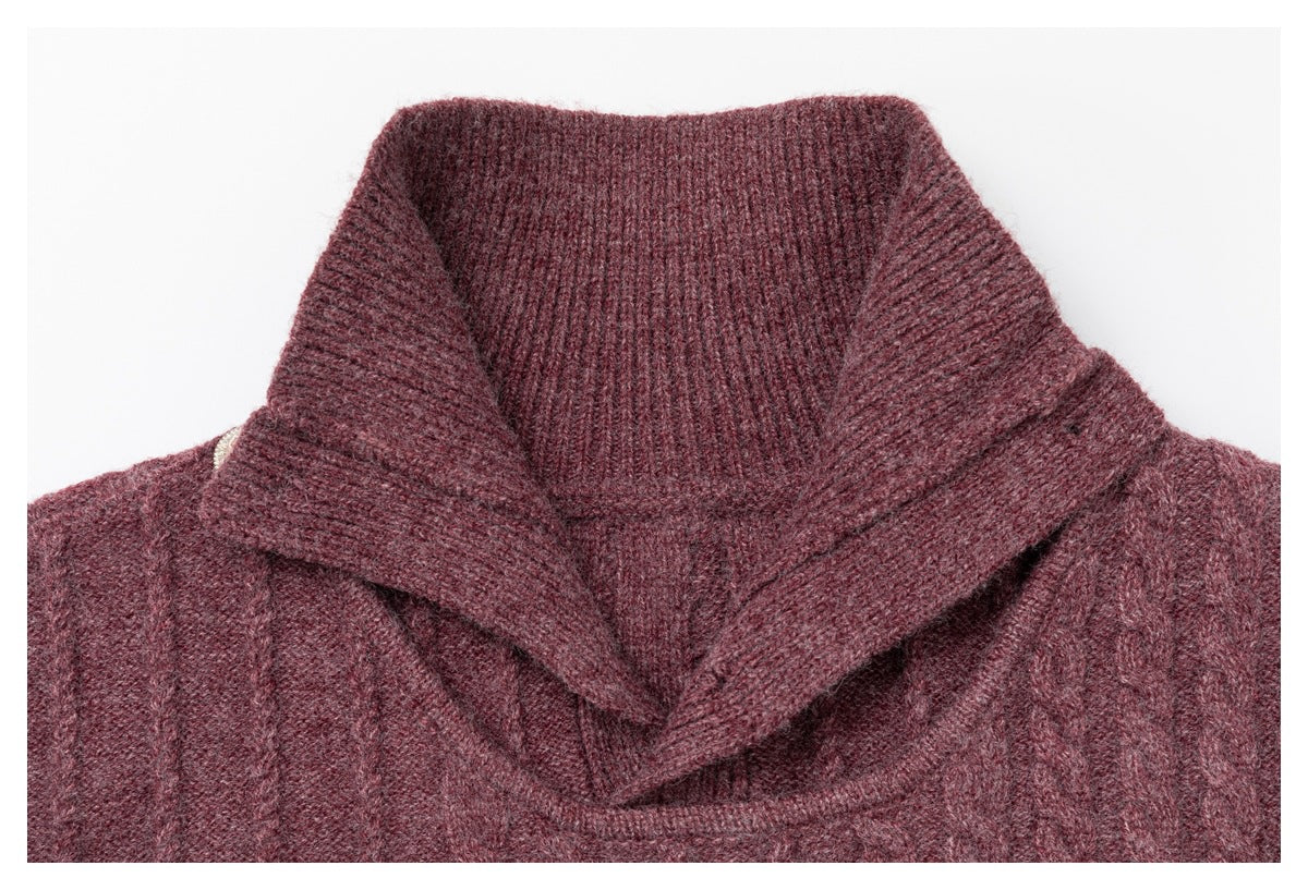 Centered close-up of the burgundy sweater's folded collar and ribbed high neckline.