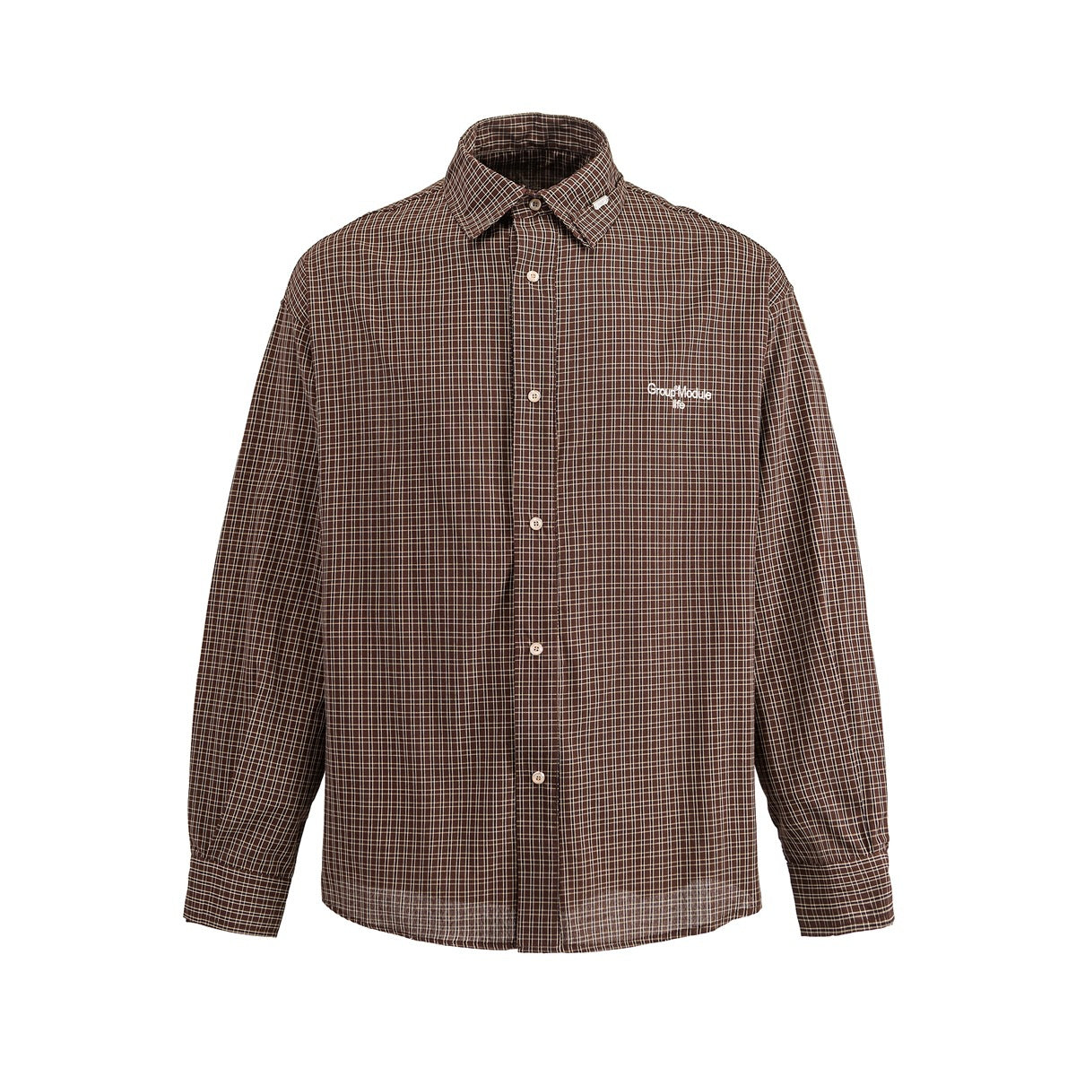 Brown small-check long-sleeve button-front shirt with pointed collar and small embroidered chest text, flat front view