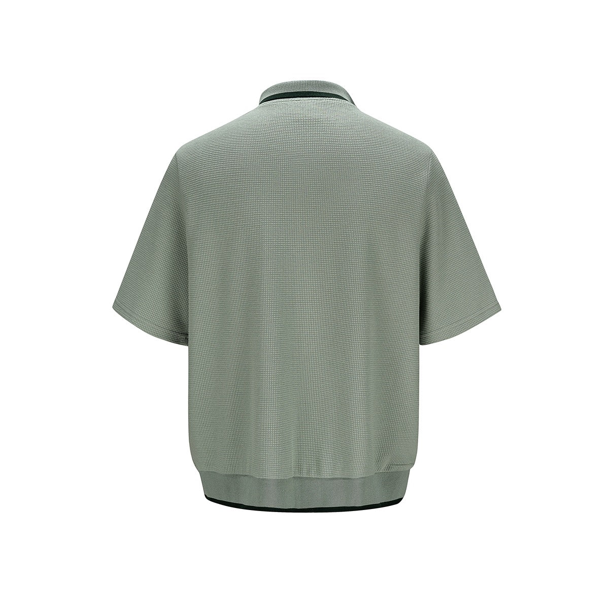Back view of a sage-green textured short-sleeve shirt with a dark-trimmed collar and hem.