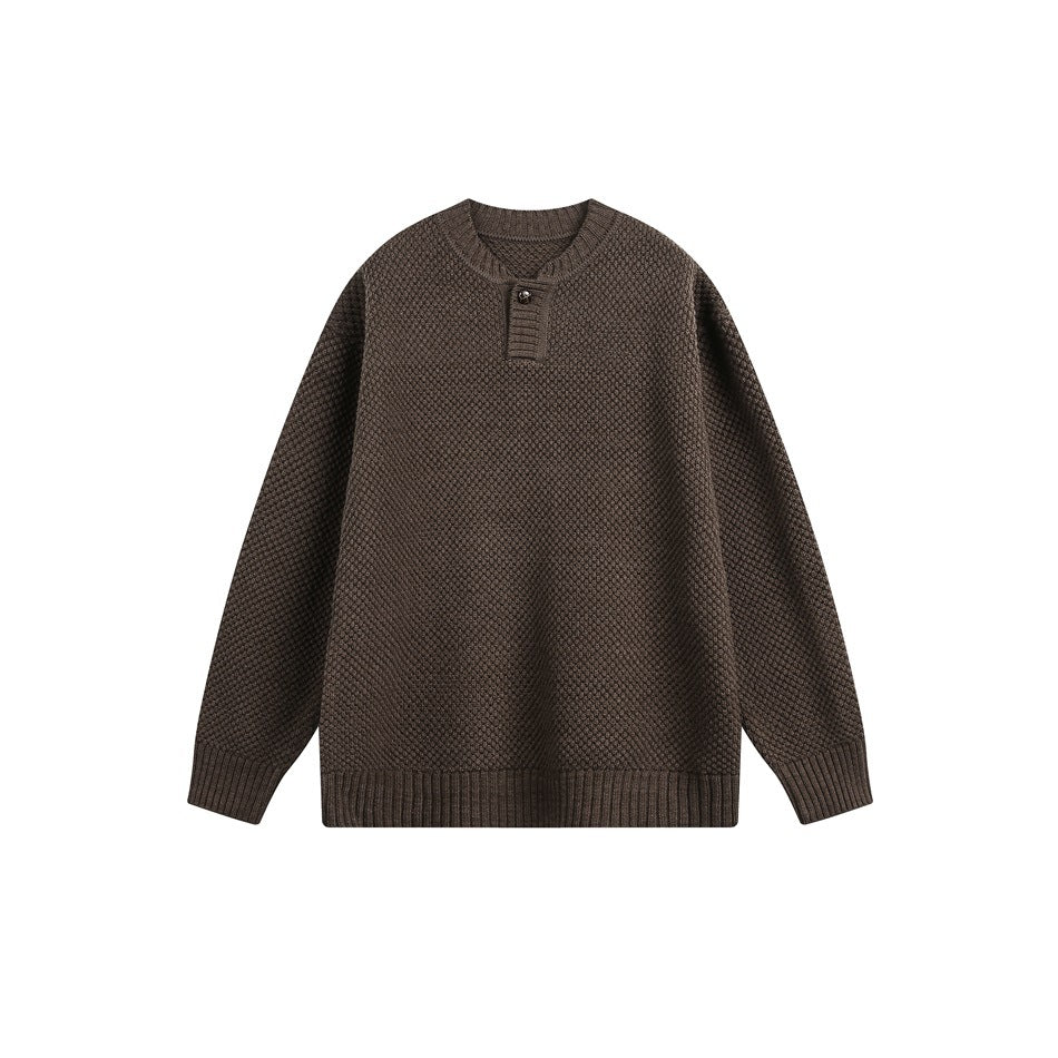 Brown textured knit sweater with single-button neckline and ribbed cuffs and hem, front flat view