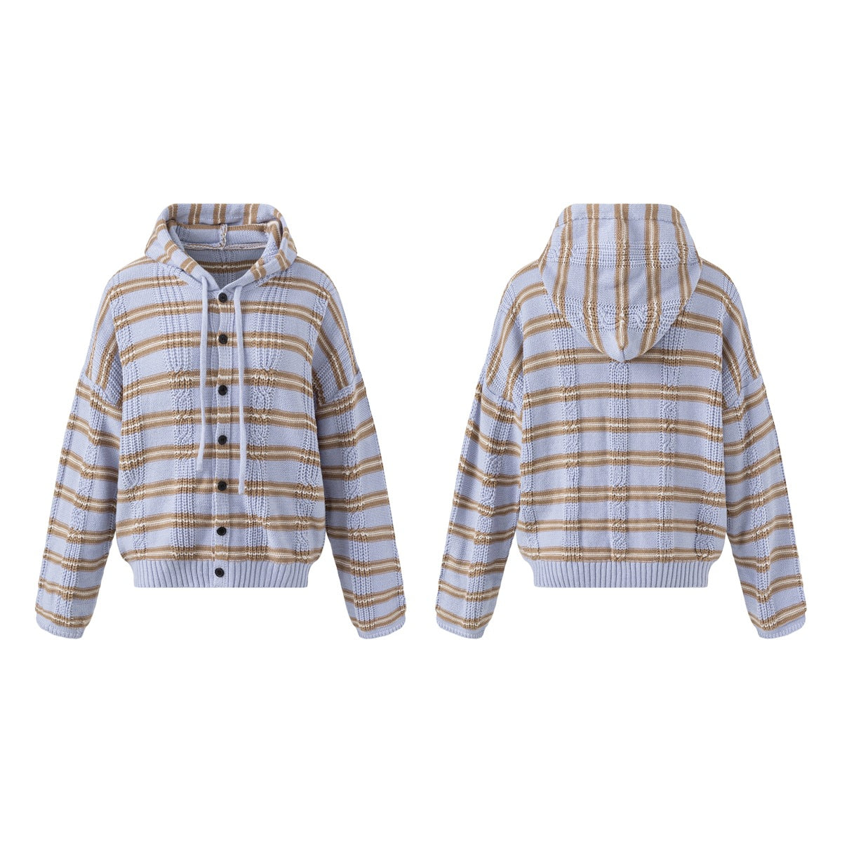 Front and back views of a light blue hooded cardigan with tan and cream stripes, black buttons and ribbed cuffs and hem.