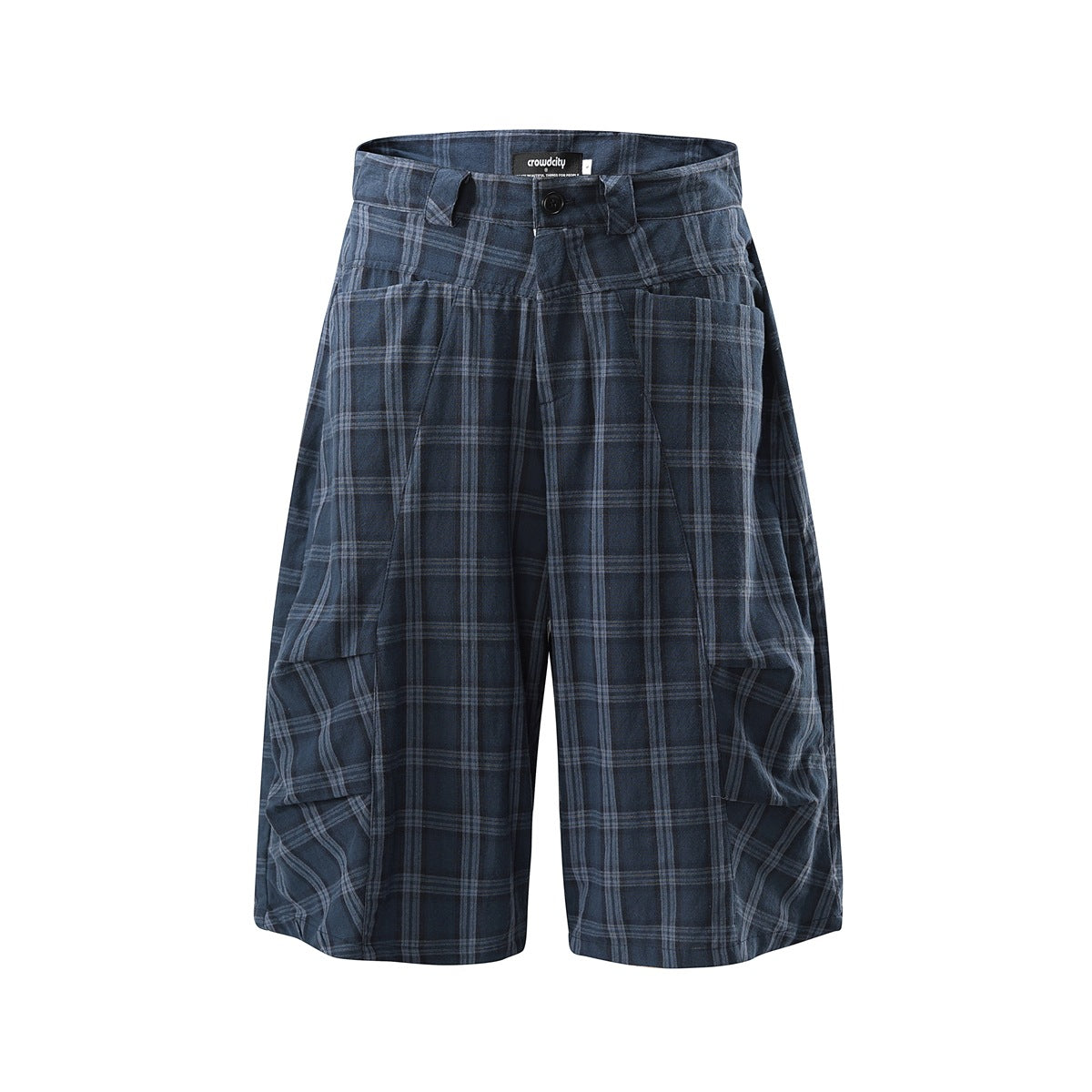 Blue plaid knee-length wide-leg shorts with oversized side pockets and button waistband, front view