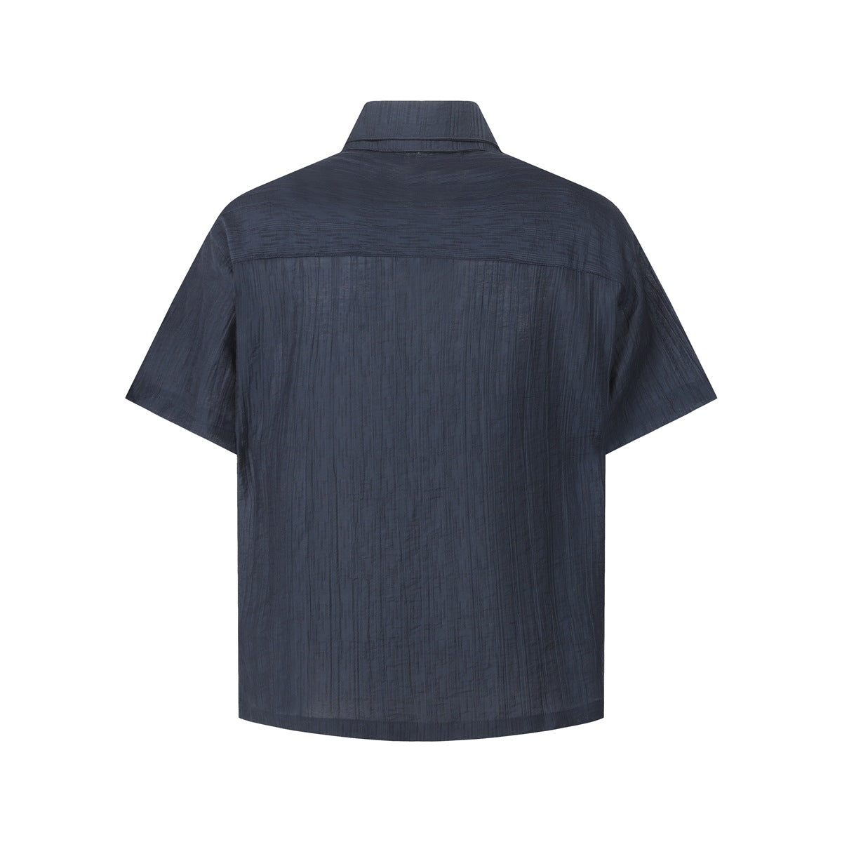 Back view of a navy short-sleeve shirt with a pointed collar and a horizontal shoulder yoke.