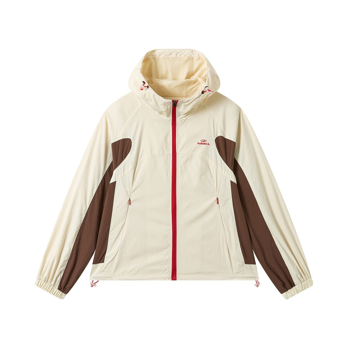 Cream hooded zip jacket with brown color-block panels, red front zipper and red drawcord toggles, front view
