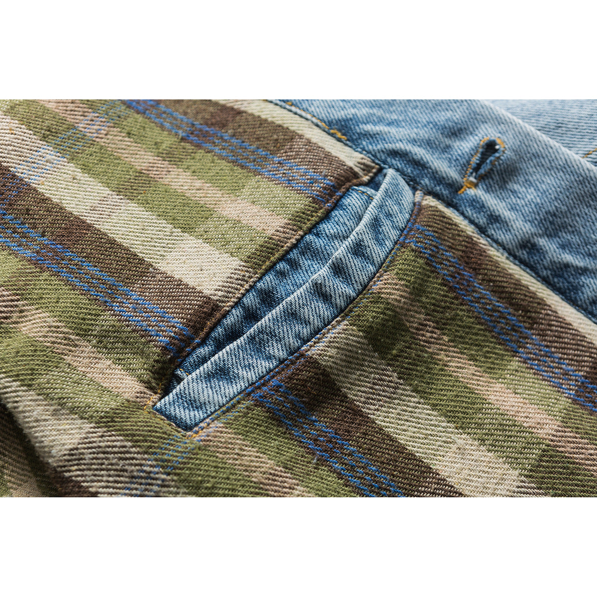 Close-up of a blue denim jacket opening with green, brown and blue plaid lining.