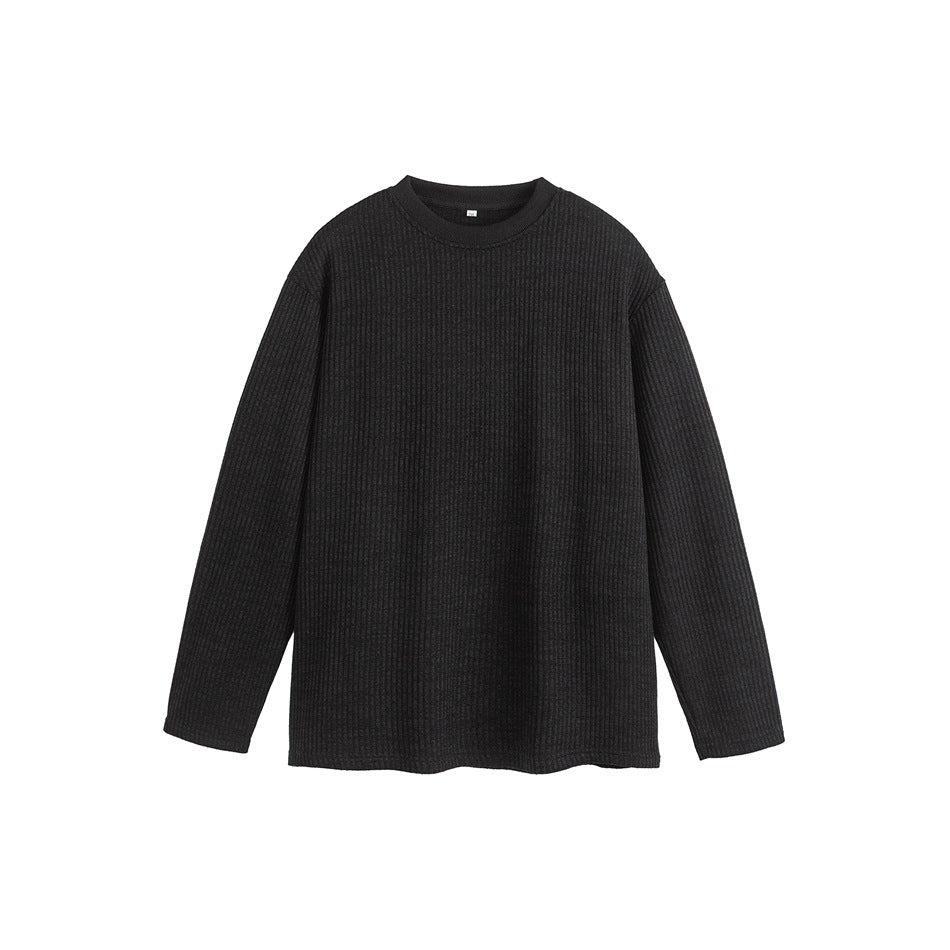 Black ribbed crew-neck long-sleeve pullover top with drop shoulders, flat front view