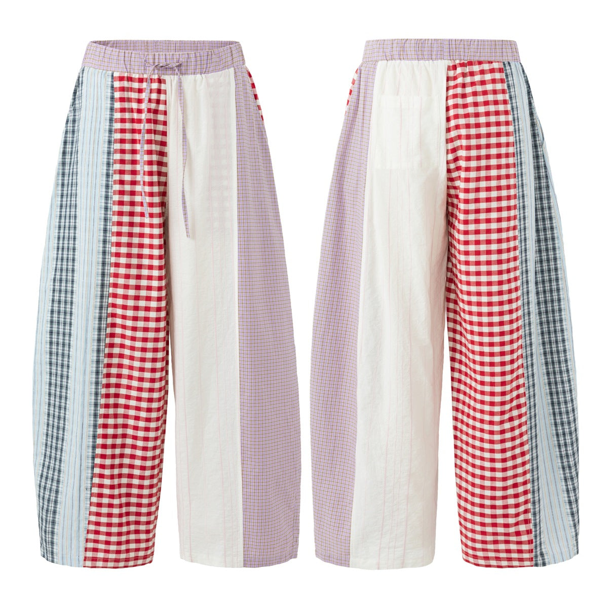 Patchwork wide-leg trousers shown from the front and back, with red gingham, blue stripes, lilac checks and white panels.