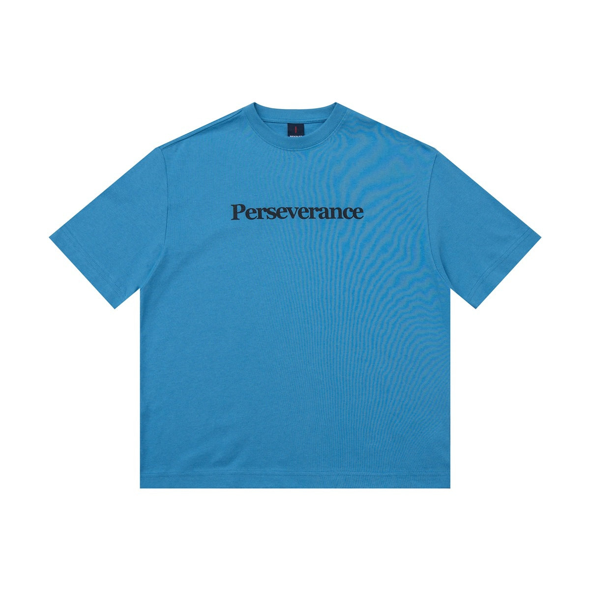 Blue short-sleeve crew-neck T-shirt with the black word “Perseverance” printed on the chest.