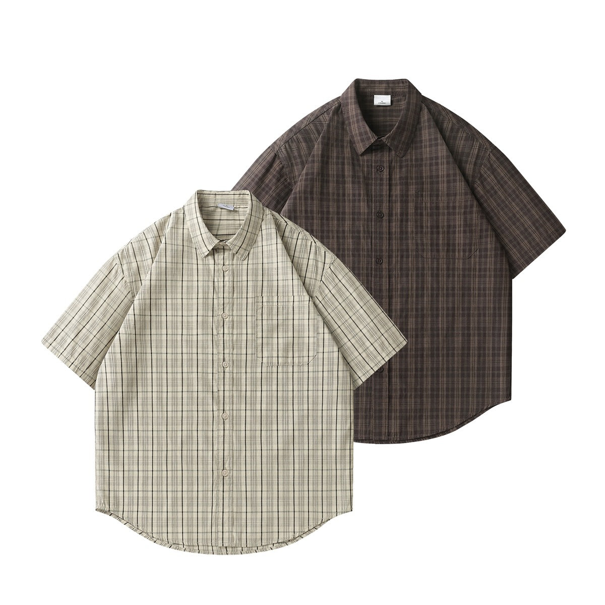 Two short-sleeve button-up plaid shirts shown from the front: one light beige and one dark brown.